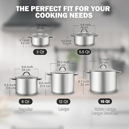 Cook N Home Basics 8 Quart Stainless Steel Stock Pot with Lid, Cooking Pot for Pasta, Soup, Sturdy Handle, Stockpot with Even Heating, Oven & Dishwasher Safe, Cookware for Canning, Boiling