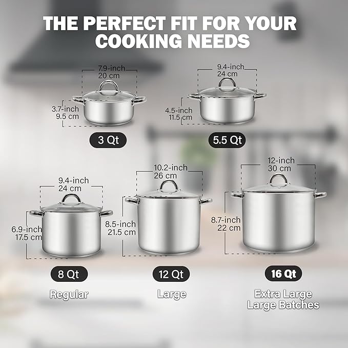 Cook N Home Basics 5.5 Quart Stainless Steel Stock Pot with Lid, Cooking Pot for Pasta, Soup, Sturdy Handle, Stockpot with Even Heating, Oven & Dishwasher Safe, Cookware for Canning, Boiling, Simmer