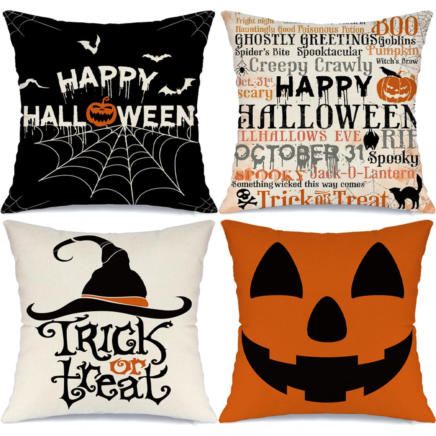 MODOVOS Halloween Pillow Covers 20x20 Set of 4 Spider Web Happy Halloween Decorations Jack-O-Lantern Pumpkin Throw Pillow Covers Witch Hat Trick or Treat Cushion Case for Sofa Couch