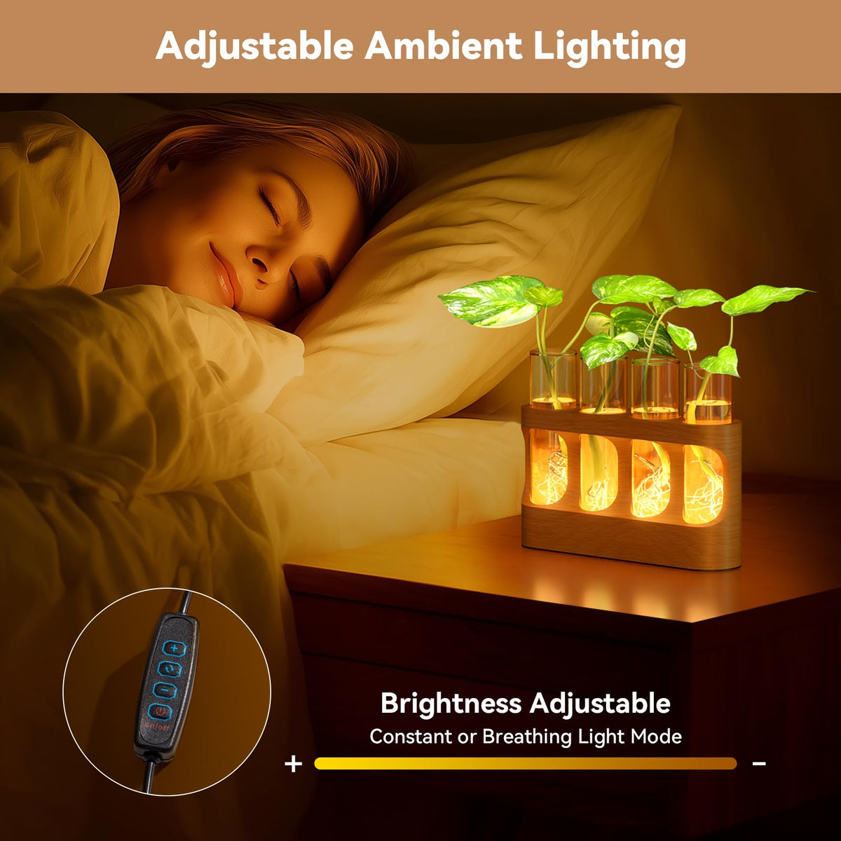 Plant Propagation Station with Wooden Stand, Gardening Gifts for Mom Women Plant Lovers, 9-Level Dimmable LED Light 4 Glass Test Tubes Vases for Hydroponic Plants - Desktop Terrarium for Desk Decor