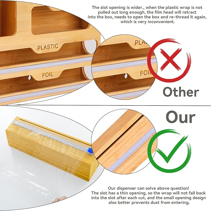 Uncle Jack Plastic Wrap Dispenser with Slide Cutter, Fit 13'' Rolls, Bamboo Aluminum Foil Dispenser with Cutter for Wax Paper, Saran Wrap