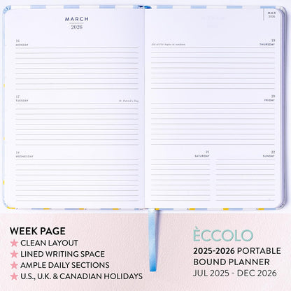 2025-2026 Eccolo 18 Month Bound Planner, Monthly & Weekly Pages (5.25 x 7.75" - July 2025 - Dec 2026 - Lemon Blue Stripes)