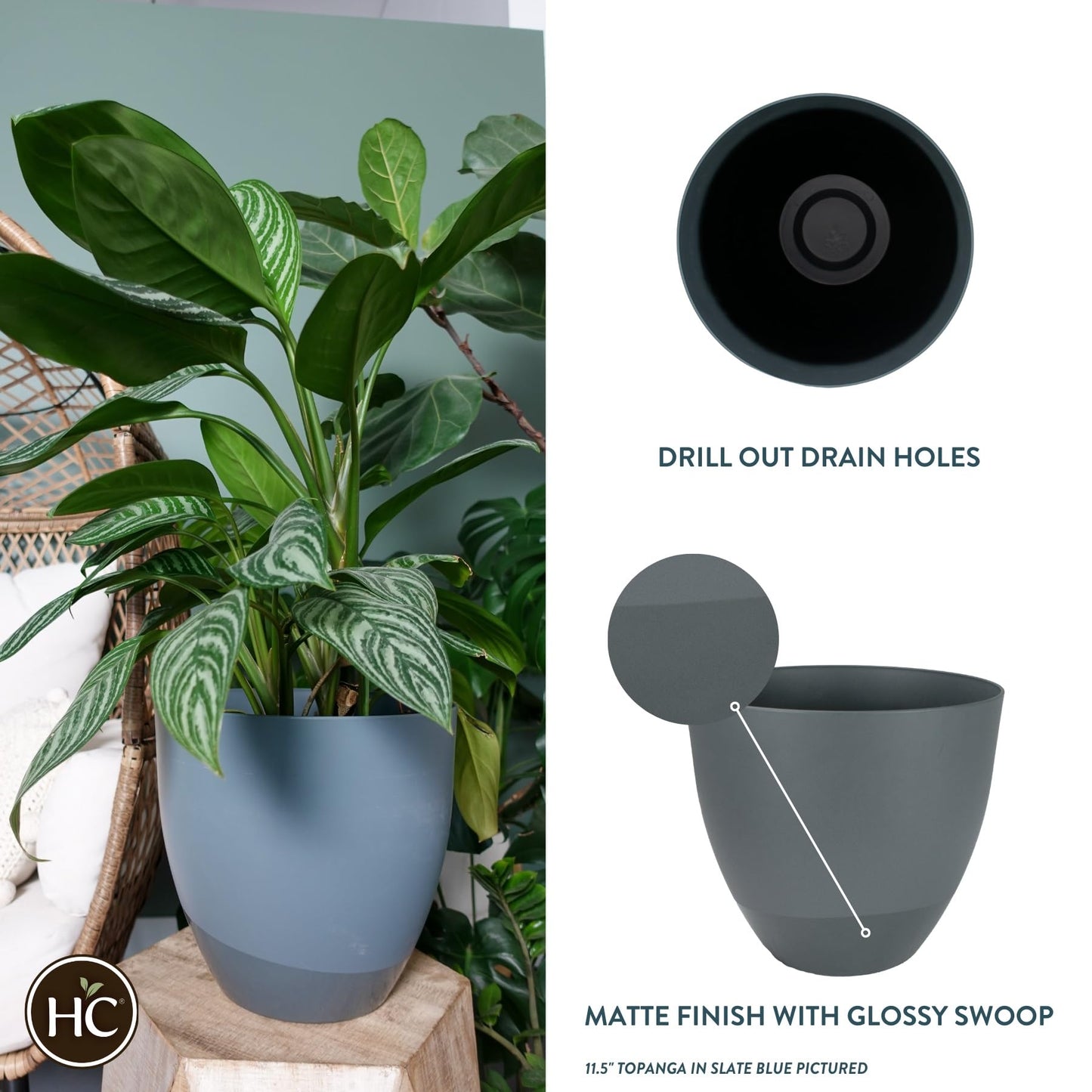 The HC Companies 13 Inch Topanga Decorative Round Planter - Lightweight Premium Resin Plant Pot with a Ceramic Look for Indoor Outdoor Use, Slate Blue Swoop