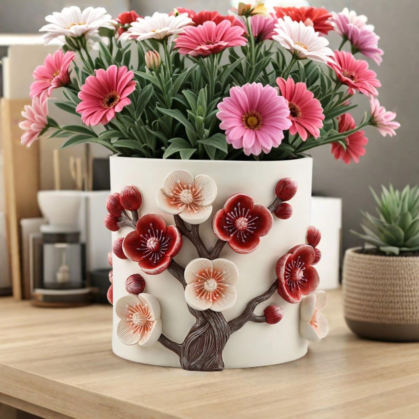 Gueiddi Flower Pot, 5 Inch Cute Plant Pots with Plum Blossom Design, Resin Decorative Flower Pots with Drainage for Indoor Plants, Succulents, Home and Garden Decor