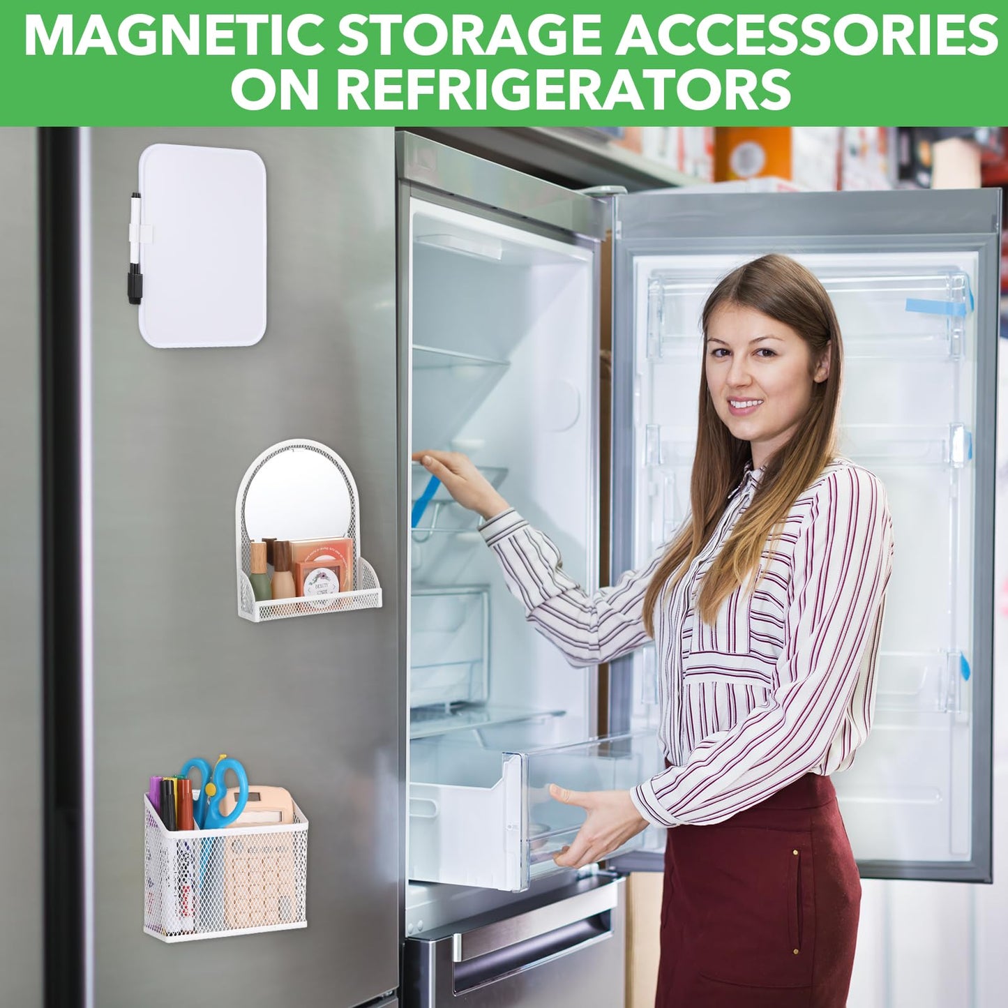 CroBlissful Set of 3 Magnetic Locker Accessories Include Mirror with Bottom Tray Magnetic Whiteboard with 2 Markers and Mesh Storage Basket for Students School Office Locker Organizer(White)