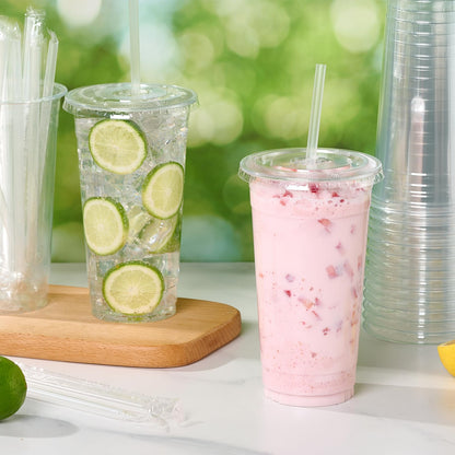 Turbo Bee 50 Sets 32 OZ Clear Plastic Cups with Lids and Straws, Disposable To Go Iced coffee cups with lids for Cold Drinks, Smoothie, and Slushie