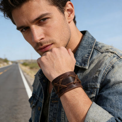 HZMAN Authentic Wide Genuine Leather Casual Mens Brown Cuff Bangle Bracelet