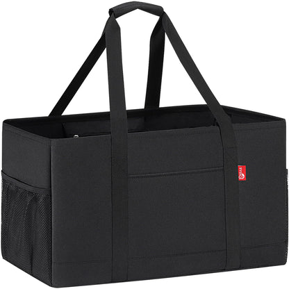 RVSNQ Extra Large Utility Tote Bag, Foldable Reusable Grocery Bags with Metal Wire Frame & Reinforced Bottom Board, Stand Up Large Utility Tote for Shopping, Beach Bag, Laundry, Car (Black)