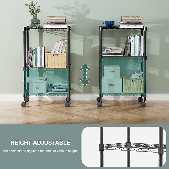 M MZG 3 Tier Shelf Metal Storage Shelves Wire Rack Closet Organizers with Wheel for Garage Kitchen Bathroom Laundry Black 11.8" D x 17.7" W x 29.8" H