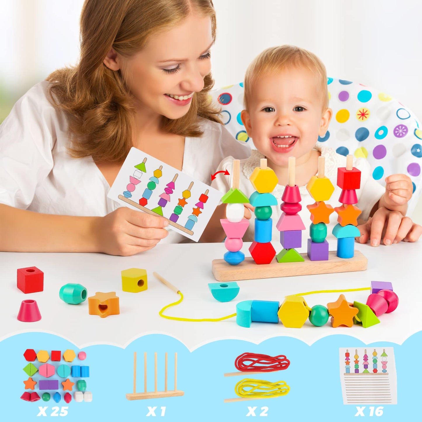 Montessori Wooden Beads Sequencing Toy Set, Stacking Blocks & Lacing Beads & Matching Shape Stacker, Montessori Toys for 3 4 5 Year Old STEM Preschool Learning Toys Gifts for Kids Boy Girl Toddler