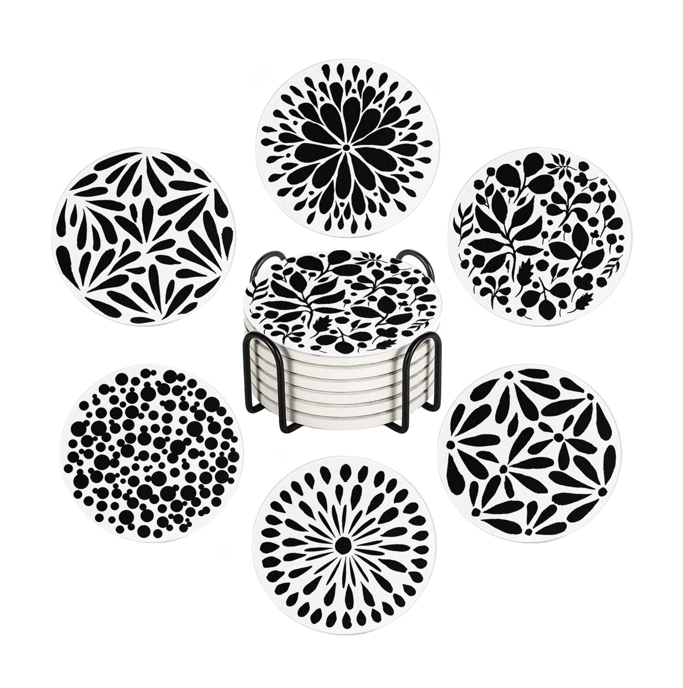 Aowced Drink Absorbent Coasters with Holder Set of 6, Ceramic Stone with Cork Base, Modern Black White Abstract Geometric Coaster for Drinks, Gift for Housewarming Room Bar Home Decor Kitchen