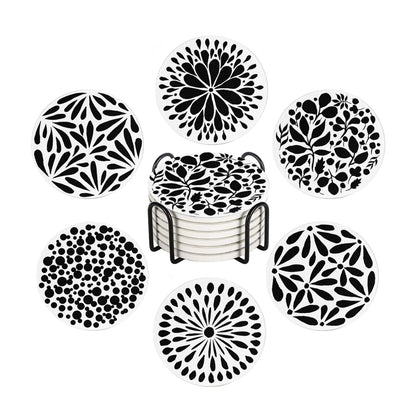 Aowced Drink Absorbent Coasters with Holder Set of 6, Ceramic Stone with Cork Base, Modern Black White Abstract Geometric Coaster for Drinks, Gift for Housewarming Room Bar Home Decor Kitchen