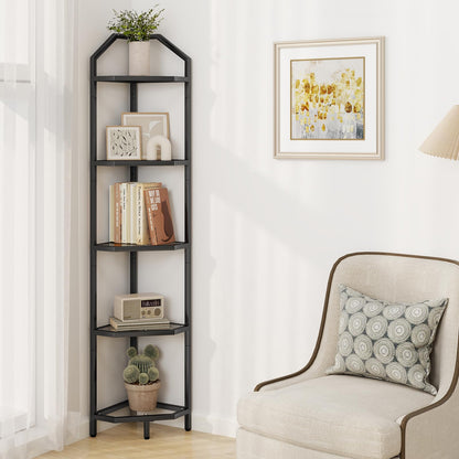 5 Tier Corner Wall Shelf Stand, 66" Metal Corner Shelves Bookshelf Display Shelf for Living Room Decor, Tall Plant Stand Multi Unit Organizer, Standing Shelf for Bedroom,Bathroom,Small Space (Black)