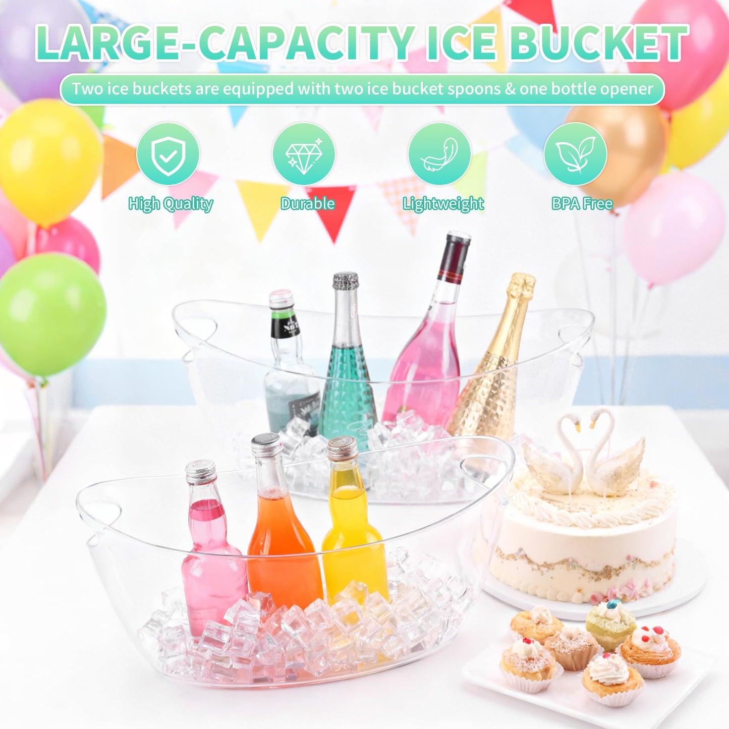 Ice Buckets for Parties, 2 Pack 5.5L Clear Acrylic Champagne Beverage Buckets Tub with Scoops & Wine Bottle Opener, Large Ice Bucket for Mimosa Bar, Wine, Beer, Cocktails & Drinks (3-5 Bottles)