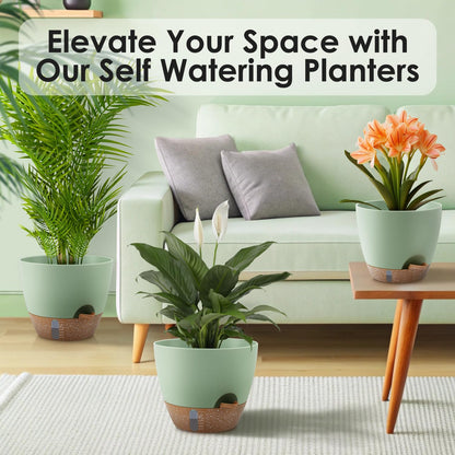 QRRICA 12/10/9 Inch Self-Watering Plant Pots with Water Level Indicator, Drainage Holes & Saucers – Large Plastic Planter Set for Indoor & Outdoor Plants (Green)