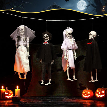 Poen 4 Pack 16" Halloween Hanging Skeleton Decorations Small Full Body Posable Skeletons with Movable Joints Plastic Mini Spooky Decor for Halloween Party Haunted House Lawn Graveyard Props(Wedding)