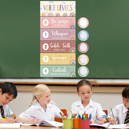 5 Pcs School Push Light and Voice Level Poster Voice Level Chart Monitor Rules Sign LED Tap Light Classroom Rules Poster Noise Chart Classroom Management Tools for Teachers Back to School （Boho Style）