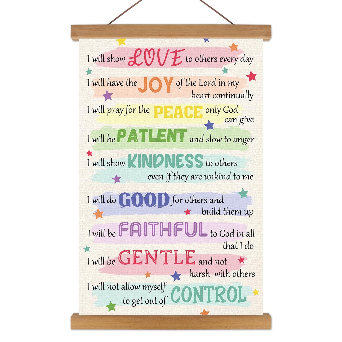 KAIRNE Bible Verse Poster With Wood Magnetic Hanger,Christian Fruits Pictures Wall Decor,Sunday School Motivational Wall Art(35X56CM) Rainbow Positive Canvas For Kids Bedroom Playroom Classroom Decor