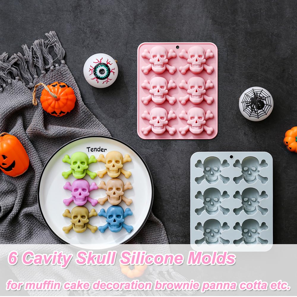 2 Pack Halloween Silicone Cake Molds 6 Cavity Skull Silicone Mold for Aromatherapy Candles Chocolate Candy Gummy Crayon Soap Cake Cupcake Topper Decorations for Halloween Party Props