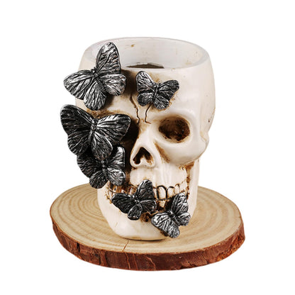 Qulfimea Gothic Skull Pen Holder, Skull Makeup Brush Holder, Dressing Table, Desk, Stationery, Decorative Flower Pot, Halloween Home Office Desk Indoor And Outdoor Decoration