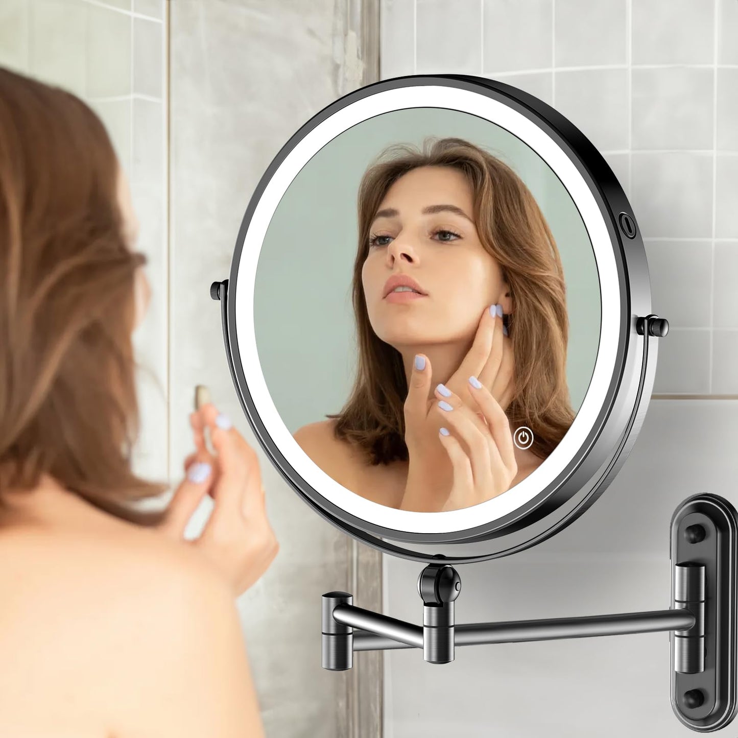 9" Wall Mounted Makeup Lighted Mirror, 4000mAh Rechargeable Double Sided LED Vanity Mirror with Height Adjustable&1X/10X Magnification, 3 Color Lights Touch Screen Dimmable 360°Swivel Bathroom Mirror