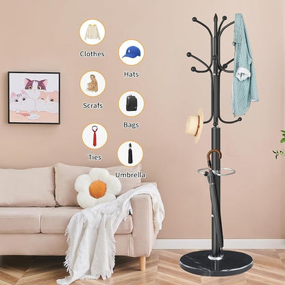 ZOZOE Metal Coat Rack Stand, Modern Coat Rack Freestanding with Natural Marble Base, Sturdy Coat Racks with 12 Hooks & Umbrella Holder,Black Coat Tree Hanger Stand for Bags,Hats,Entryway,Office