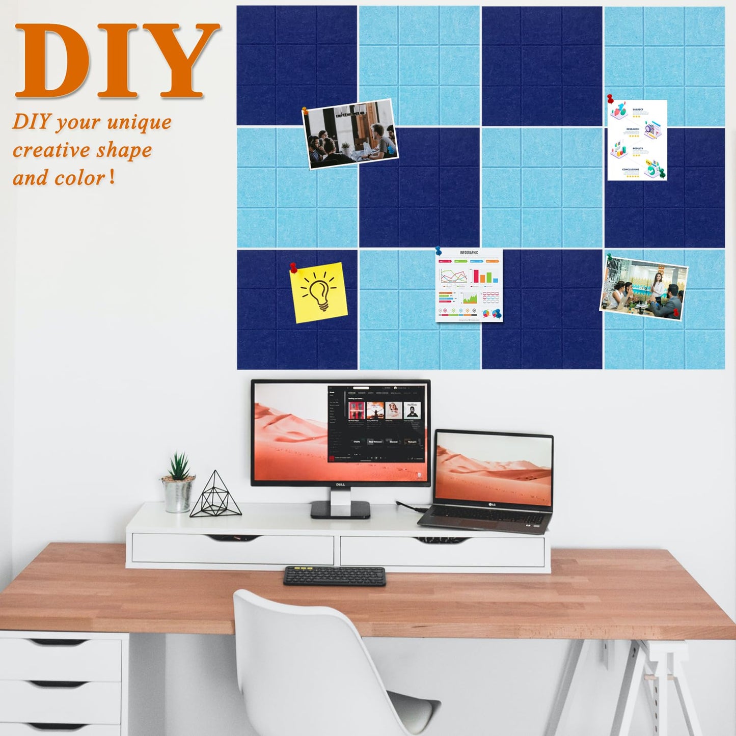HULAVO Large Square Felt Cork Board Tiles, Self Adhesive DIY Felt Bulletin Board with 35 Pushpins for Office School Home Wall Decor Stickers Memos (Dark Blue & Sky Blue)