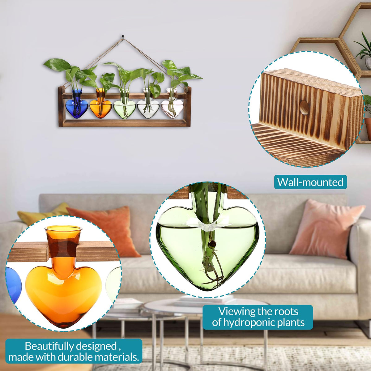 Plant Terrarium Hanging Propagation Stations Gift for Women Air Plants Holder with Wooden Stand Heart Glass