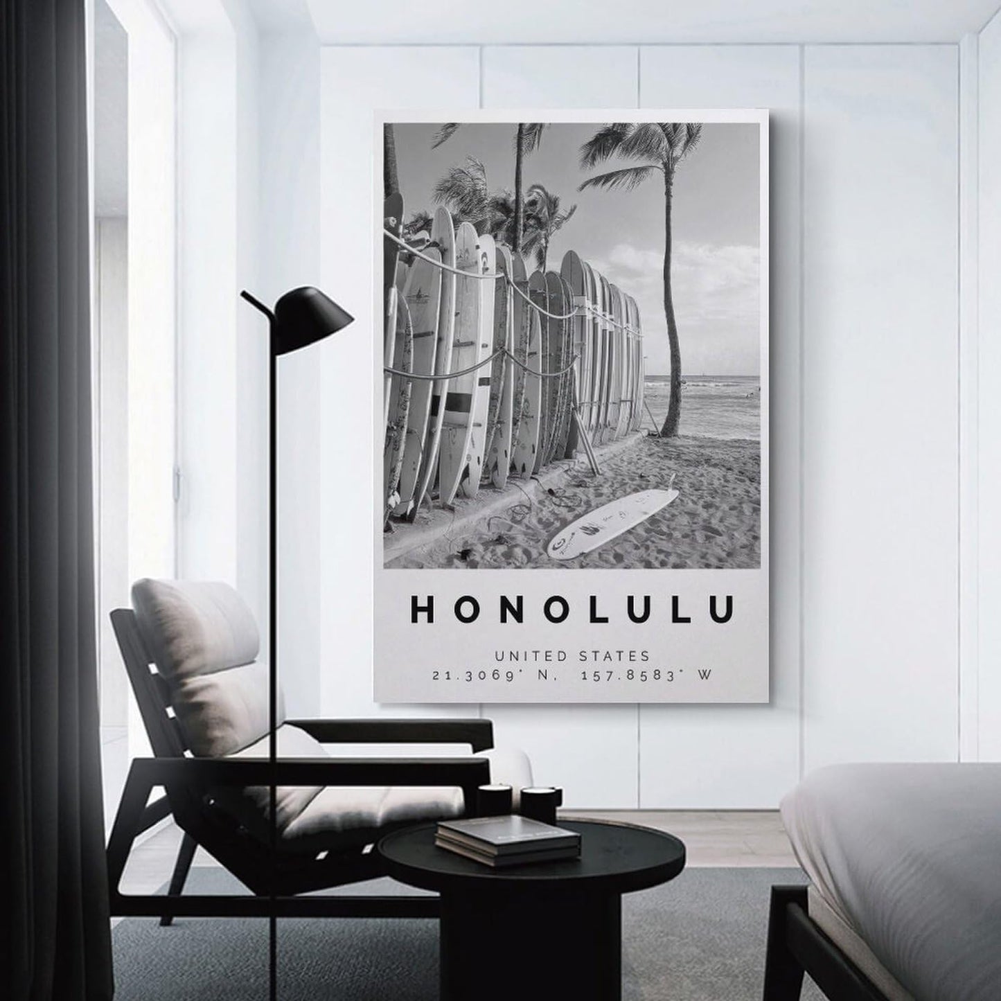 Honolulu Poster Black And White Featuring Surfboards, Palm Trees & Ocean View Canvas Wall Art Aesthetic Decorative Painting Living Room Restaurants, Pool Halls And Hotelsstyle 12x18inch(30x45cm)