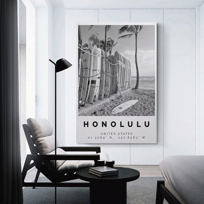 Honolulu Poster Black And White Featuring Surfboards, Palm Trees & Ocean View Canvas Wall Art Aesthetic Decorative Painting Living Room Restaurants, Pool Halls And Hotelsstyle 12x18inch(30x45cm)