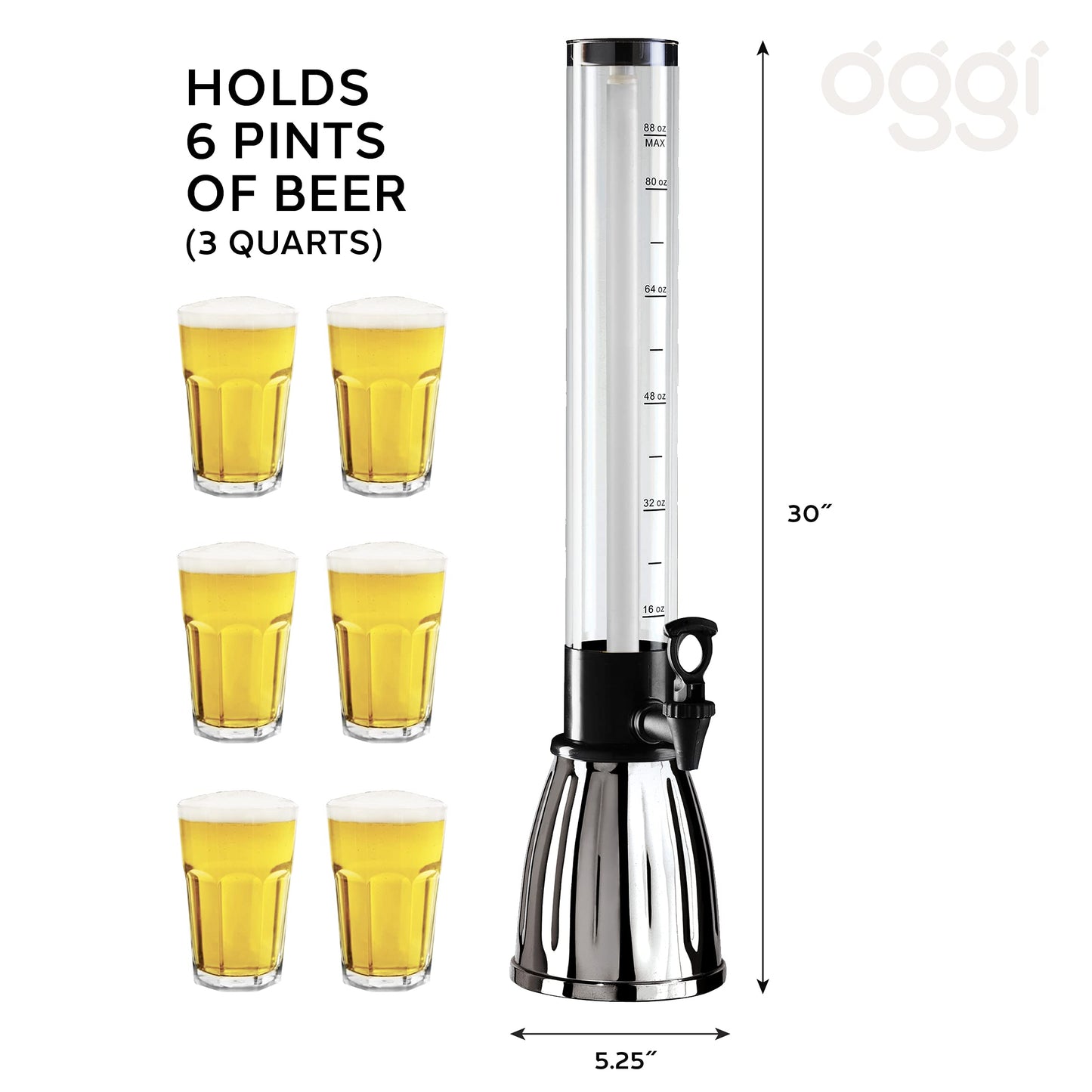 OGGI Beer Tower 88oz - Beverage Dispenser with Spigot & Ice Tube, Margarita Tower, Mimosa Tower, Perfect Drink Dispensers for Parties, Drink Tower, Holds 6 Pints of Beer – Stainless
