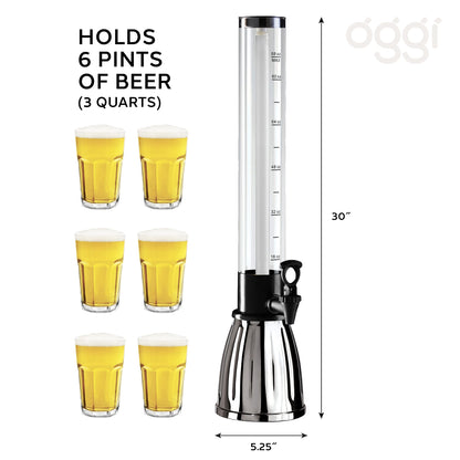 OGGI Beer Tower 88oz - Beverage Dispenser with Spigot & Ice Tube, Margarita Tower, Mimosa Tower, Perfect Drink Dispensers for Parties, Drink Tower, Holds 6 Pints of Beer – Stainless