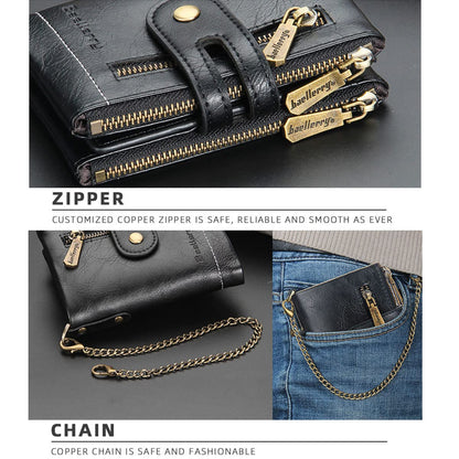 SUMGOGO Wallets for Men Bifold Leather Wallets with Chain RFID Blocking Double Zipper Coin Pocket Short Purse (Coffee)