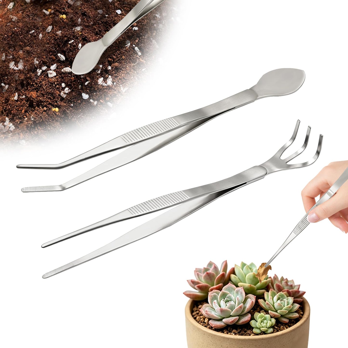 Ruatu 2 PCS Stainless Steel Garden Tweezers Set 2-in-1 Long Plant Tweezers Gardening Tools with 8.9" Curved Tine & 8.7" Straight Rake for Plants, Lawn, Bonsai, Succulents