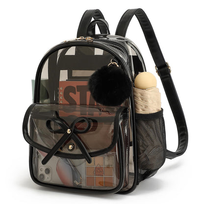 ASKSKY Clear Backpack for Stadium Events 12x12x6, Thick PVC Small Clear Bag with Leather Trim Fashion Women Backpack for Concerts, Sports, Festivals, Work, Travel-Black