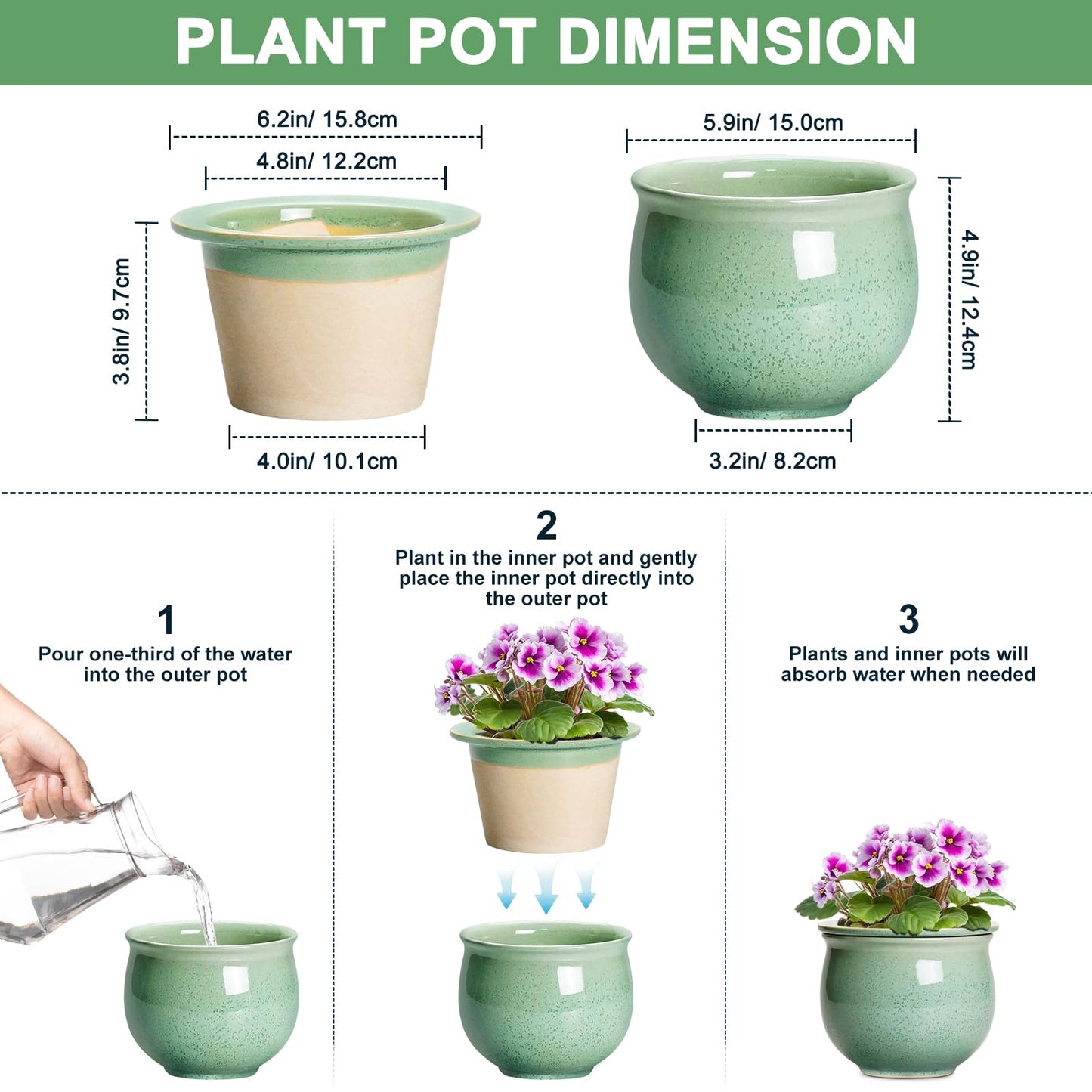Teagas Ceramic Self Watering Pots, 6 Inch African Violet Pots with Absorbent Inner Pot, Round Self Watering Planter for Indoor Plants, Ceramic Pot for Plants, House Decor, Gifts for Women Men, Green