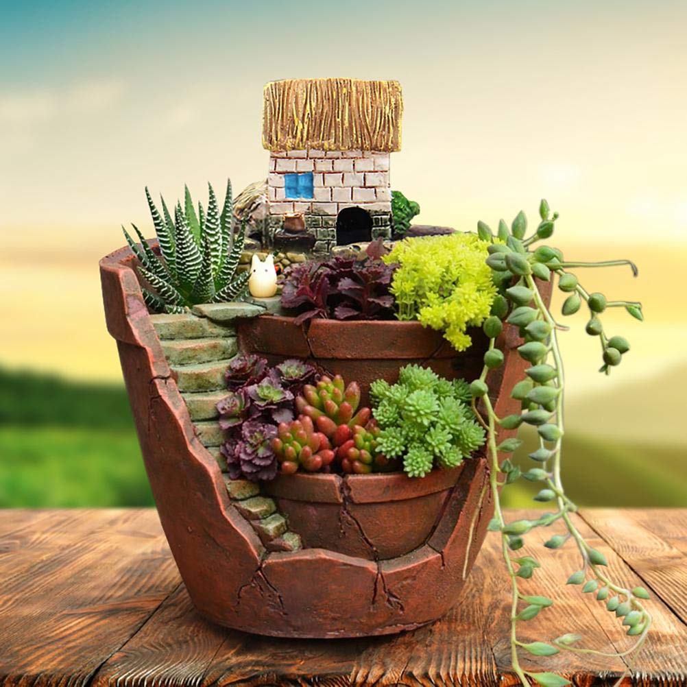 Gonetre Plants Potted Flower Pots Sweet House Fairy Garden Planter for Home Decor Office Garden Decoration Material Synthetic Size 10 X 12cm (Brown)