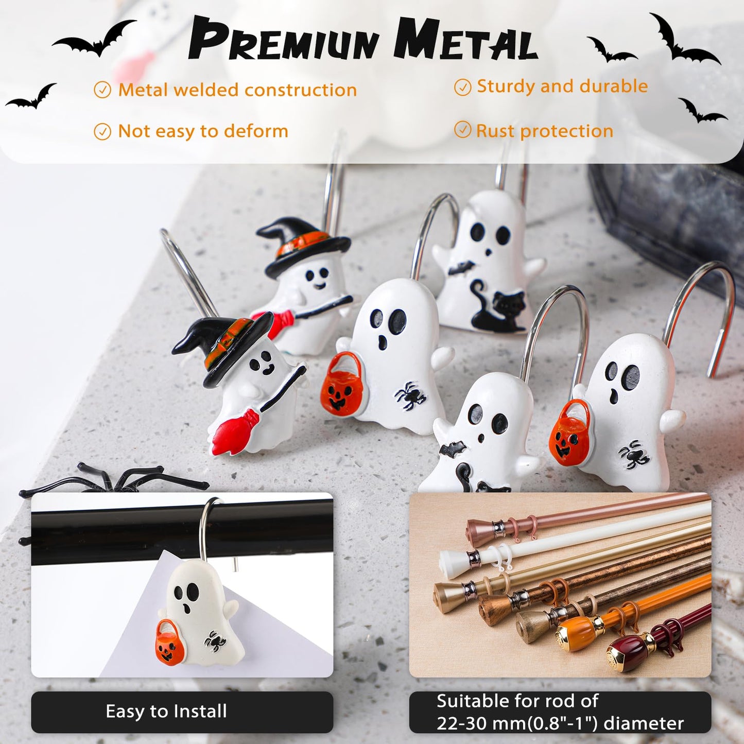Colingmill 12 Pcs Halloween Ghost Shower Curtain Hooks Xmas Shower Curtain Hooks Halloween Bathroom Decor Rings for Bathroom Bedroom