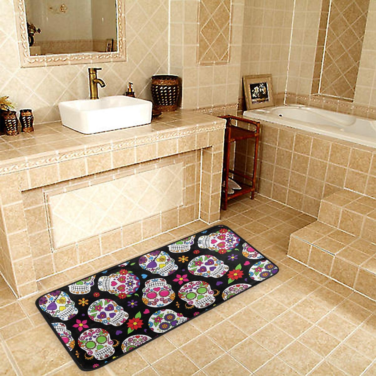 Anti Fatigue Kitchen Floor Mat, 39 x 20 in Sugar Skull Non Slip Absorbent Comfort Modern Standing Mat Soft Kitchen Runner Rug for Hallway Entryway Bathroom Living Room Bedroom Halloween Ghost…
