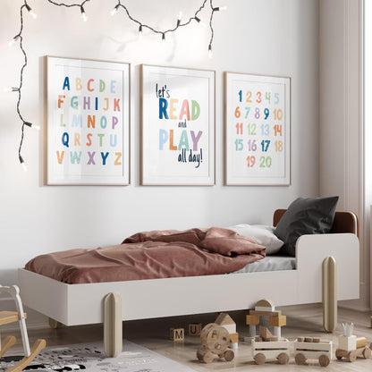 Pennclys Kids Playroom Wall Art Decor Alphabet Poster Play Room Canvas Wall Decor ABC Nursery Wall Art 123 Toddler Poster Let's Read for Boy Girl Room 12x16 Inch Unframed Set of 3