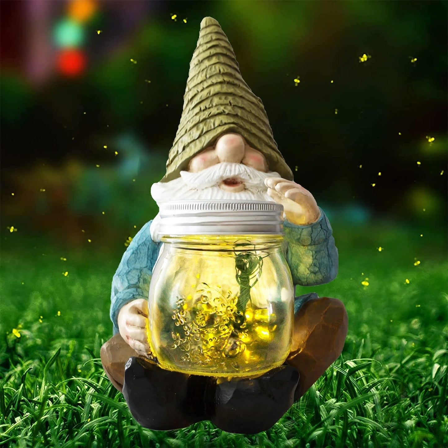 Vcdsoy Solar Firefly Jar Gnome Resin LED Garden Statue