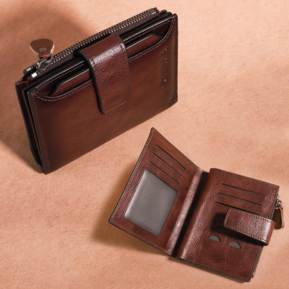 Men's Vintage RFID Blocking Bifold Wallet Genuine Leather with Zipper Coin Pocket Multi-Card Slots & ID Window (Coffee)