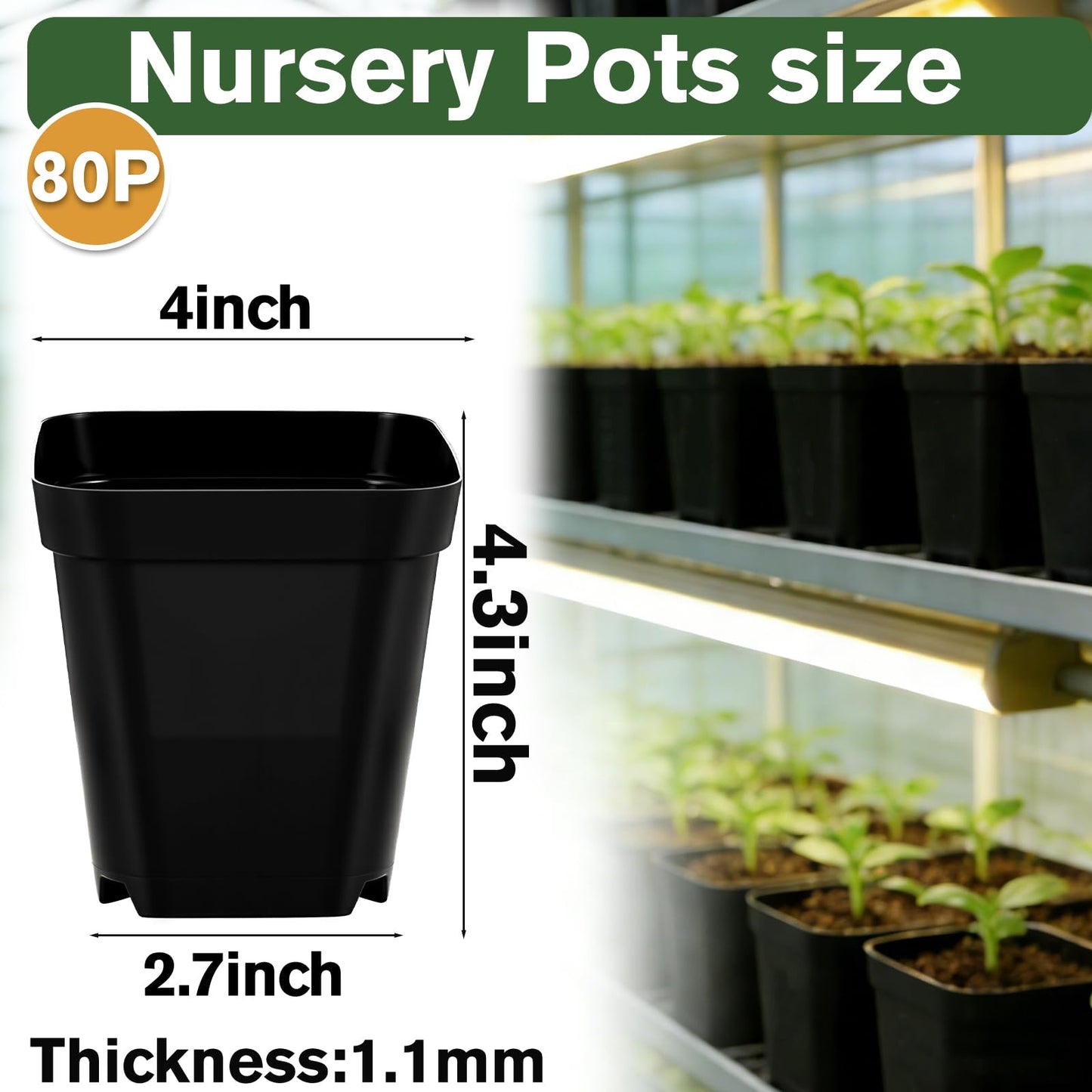 4 Inch Nursery Pots 80 Pack (Thickened Black ), Plastic Seed Starting Pots with Drainage Holes, Sturdy Seedling Pot for Succulents, Transplanting, Cuttings, Indoor Outdoor Garden Planting (80pcs)