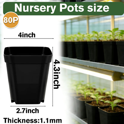 4 Inch Nursery Pots 80 Pack (Thickened Black ), Plastic Seed Starting Pots with Drainage Holes, Sturdy Seedling Pot for Succulents, Transplanting, Cuttings, Indoor Outdoor Garden Planting (80pcs)