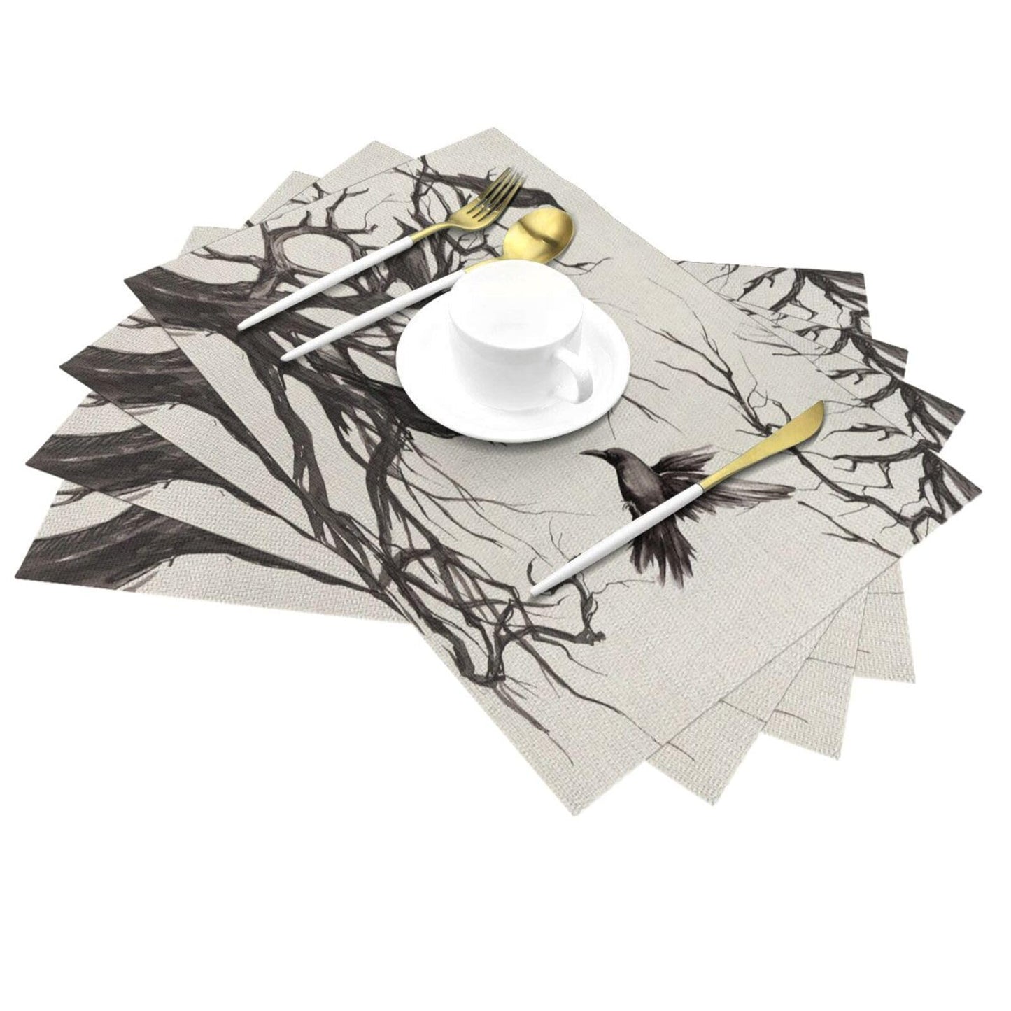 Halloween Placemats 12x18 Inches Set of 4,Black Crows Decorative Rectangle Autumn Halloween Decoration Fall Linen Black Table Mats for Party,Home Kitchen,Dining Table Decorn