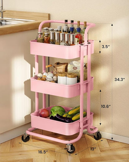 Pipishell 3 Tier Rolling Cart, Metal Utility Cart with Lockable Wheels and Handle, Rolling Storage Cart for Nursery Room, Living Room, Painting Room, Office and Kitchen, Pink