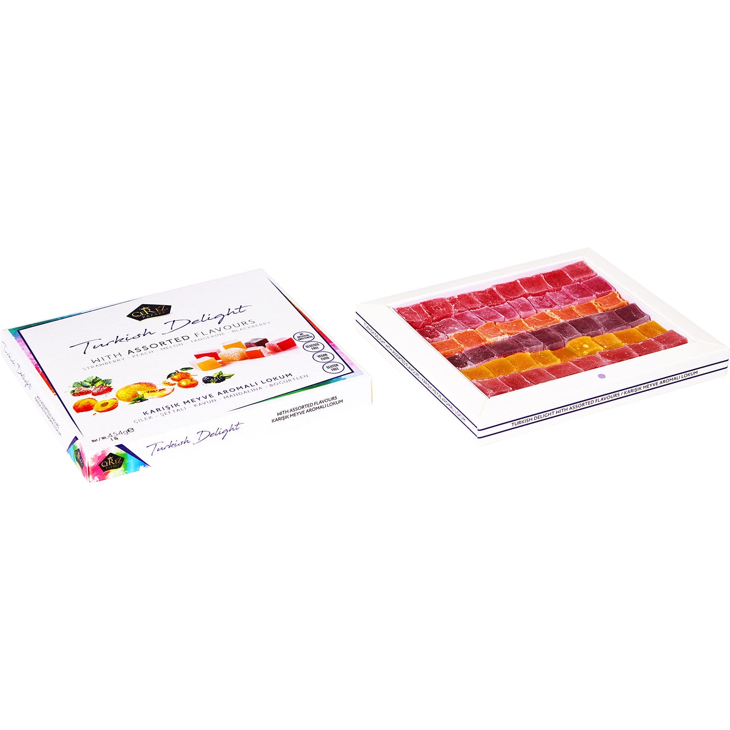 Cerez Pazari Turkish Delight Candy With Assorted Flavors, Gourmet Medium Size Snacks Gift Box, Sweet Luxury Traditional Confectionery Loukoumi, Vegan Lokum, Approx. No Nuts, 42 Pcs, 16 oz.