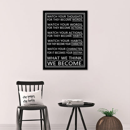 DINGFUN Inspirational Posters Watch Your Thoughts Quote Wall Art, Black White Canvas Poster, Single Panel Framed Decor for Bedroom Dorm Classroom, 24x18 Inch Display Print