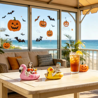 Summer Home Decor Halloween Skeleton-Statues - 2PC Summerween Collectible Figurines Couple on Yellow Duck & Pink Flamingo Floats Sulpture for Coastal Tropical Beach Halloween Decor Newman House Studio