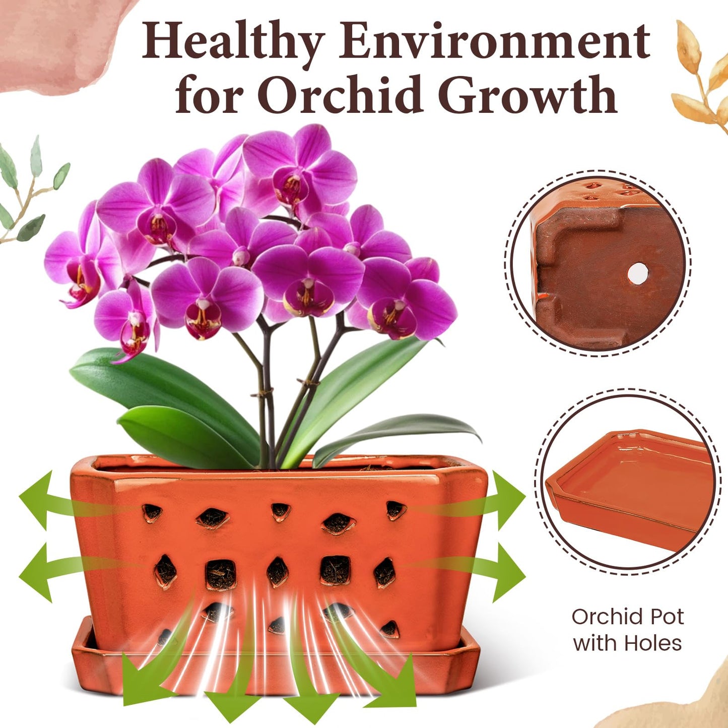Teenyyou 1 Set Orchid Pot with Holes 9.5 Inch Ceramic Orchid Pot with Saucers for Repotting Amaryllis Flower Planter Include Gardening Shovel Set and Gloves for Home Decor(Terracotta)